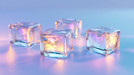Four sparkling ice cubes illuminated by soft blue and purple light on a smooth surface, creating a visually appealing aesthetic perfect for beverage-related themes.の素材