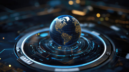 A stunning digital globe presentation featuring illuminated continents and a futuristic design, perfect for themes in technology, science, and global connectivity.の素材