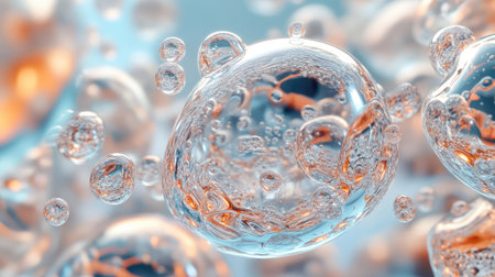 Stunning image of floating bubbles in clear water, exemplifying fluid dynamics, light play, and a refreshing ambiance perfect for nature or science-themed projects.の素材