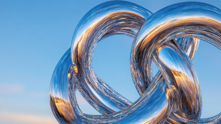 Stunning metallic sculpture intertwines in a captivating display of modern design, perfectly reflecting its environment against a serene blue sky.の素材