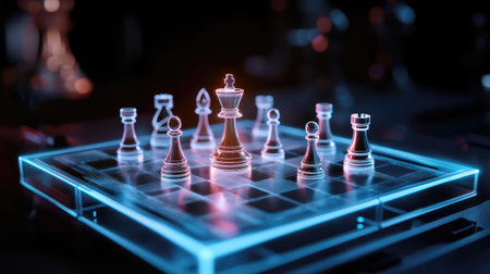 A visually striking chess setup featuring a luminous king surrounded by detailed pieces, symbolizing intellect and strategy in a vibrant, futuristic atmosphere.の素材