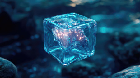 An ethereal ice cube floats gracefully above the water, illuminated by enchanting lights, creating a stunning visual effect that captures the magic of nature.の素材
