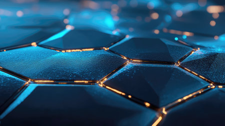 Explore a stunning close-up of a hexagonal pattern featuring luminous edges, perfect for high-tech design projects that require a modern and innovative aesthetic.の素材