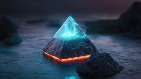 This surreal image features a glowing crystal pyramid on a tranquil water surface, casting reflections under a dusky sky, evoking a sense of mystery and wonder.の素材