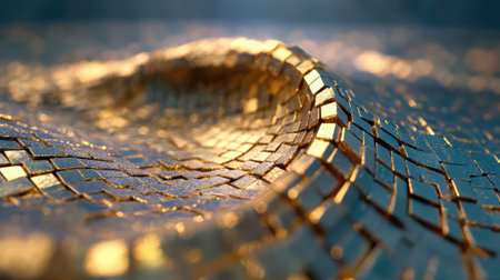 Discover a mesmerizing abstract representation of gold mosaic texture flowing in waves, capturing the enchanting play of light and depth in a luxurious design.の素材