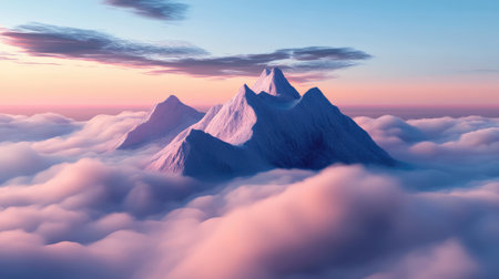 A stunning mountain peak rises majestically above soft clouds, illuminated by the pastel hues of dawn, evoking a sense of peace and natural beauty in a breathtaking landscape.の素材