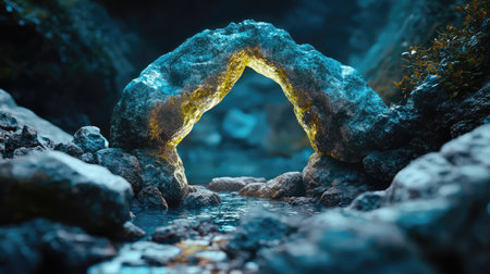 A mesmerizing stone arch frames a serene stream, illuminated by a soft glow, creating a tranquil natural haven. A perfect setting for an outdoor adventure or photography.の素材