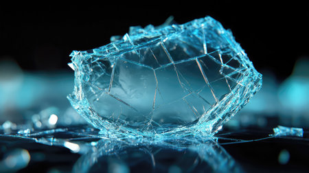 A close-up view of a shattered glass piece showcasing stunning patterns and reflections. Perfect for artistic projects or abstract backgrounds, highlighting fragility and beauty in glass.の素材