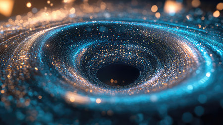 Immerse yourself in the breathtaking beauty of a cosmic black hole surrounded by shimmering stars and swirling light, offering a glimpse into the wonders of the universe.の素材
