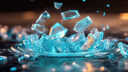 A striking image of ice cubes creating a beautiful splash in clear water, capturing the intricate details of each shard and reflecting light elegantly. Perfect for conveying coolness and freshness.の素材
