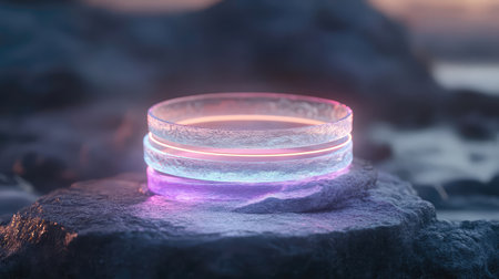 An enchanting composition of three colorful light rings resting on a textured stone, radiating a soft glow, evoking feelings of tranquility and modern artistic expression.の素材