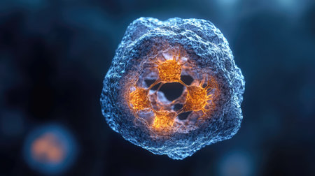A striking visualization of a microbial cell structure, showcasing vibrant orange nuclei that reveal the complexity of cellular biology crucial for scientific understanding and exploration.の素材