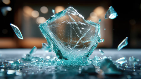 A captivating image of a glass fragment shattering in mid-air, highlighting the dynamic motion and intricate details, set against a soft, blurred background.の素材
