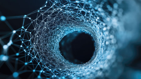 Captivating abstract digital vortex artwork that showcases glowing blue nodes and lines, representing modern technology, communication networks, and data connectivity in a vibrant visual format.の素材