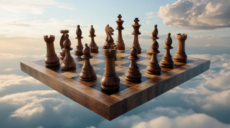 A mesmerizing chessboard made of rich wood, suspended among clouds, invites viewers to explore strategy and creativity in an ethereal setting. Perfect for imaginative projects.の素材