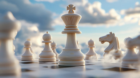 A beautiful arrangement of chess pieces with a white king and knight sits majestically against a dramatic cloudy sky, evoking a sense of strategy and competition in a whimsical atmosphere.の素材