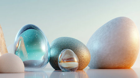 This captivating image showcases a variety of smooth stone and glass shapes against a soft background, ideal for modern design projects and artistic expressions.の素材