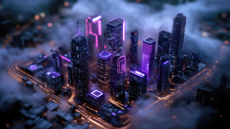 Explore a captivating aerial view of a futuristic city at night, featuring stunning neon lights and urban architecture shrouded in mist, blending modern design with vibrant energy.の素材