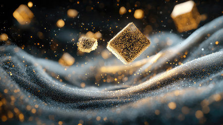 An enchanting scene featuring golden cubes floating above a shimmering sand landscape, adorned with sparkling particles, creating a mesmerizing abstract visual experience.の素材
