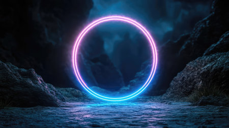 A striking neon circle emits vibrant light in a rocky landscape shrouded in mystery, creating a captivating fantasy environment perfect for evocative visuals.の素材