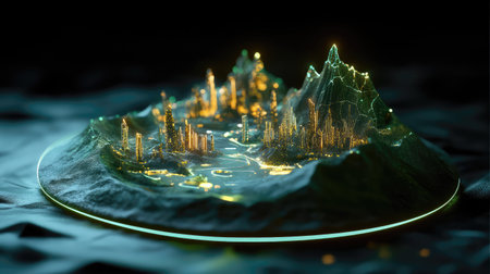 A captivating 3D visualization showcasing a digital landscape with glowing futuristic structures nestled among mountains, blending nature and technology into a dreamlike scene.の素材
