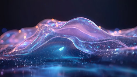 A captivating abstract image featuring ethereal waves of light and color, creating a mesmerizing fluid dynamic effect with glowing particles in a surreal space setting.の素材