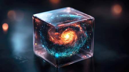 This mesmerizing image features a transparent cube encapsulating a dazzling galaxy, radiating vibrant colors and light, representing the wonders of the universe.の素材