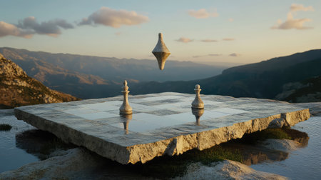 A dreamlike scene featuring a chessboard set against a tranquil landscape, showcasing elegant chess pieces and a floating spinning top amidst a serene sunset backdrop.の素材