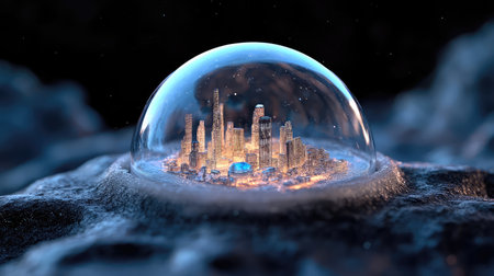 A captivating image of a futuristic city encapsulated in a transparent bubble, surrounded by the vastness of space, showcasing remarkable architecture and vibrant illumination.の素材