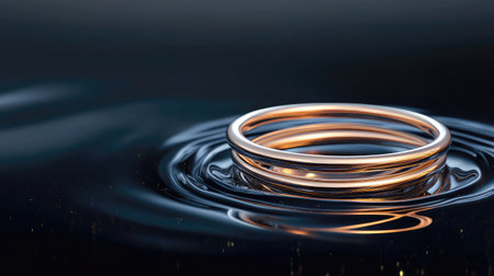 This stunning close-up features intertwined golden rings resting on a dark water surface, creating serene reflections and gentle ripples, evoking romance and elegance.の素材