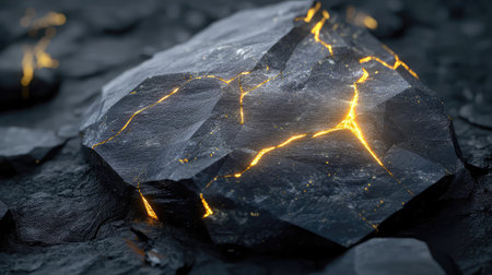 A mesmerizing close-up of a glowing lava rock displaying fiery cracks illuminated against a dark surface showcasing the raw power and beauty of volcanic activity.の素材