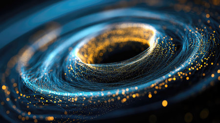 A captivating abstract image illustrating a swirling vortex filled with glowing particles and luminous trails, perfect for technology and digital art projects.の素材