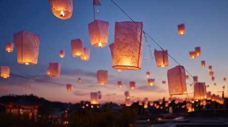 Stunning display of colorful lanterns floating in the twilight sky, creating a serene and magical ambiance for evening celebrations and cultural events.の素材