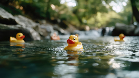 Four yellow rubber ducks are playfully floating on a clear stream surrounded by lush greenery, capturing a joyful moment of leisure and fun in nature.の素材