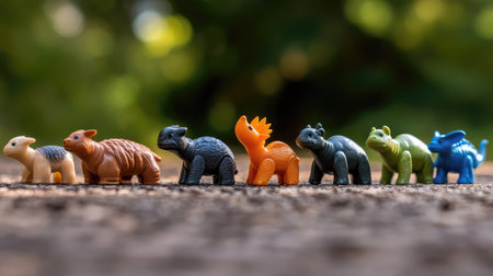 A vibrant display of vintage plastic animal figurines arranged in a line, evoking memories of childhood playtime and imagination with soft natural background.の素材