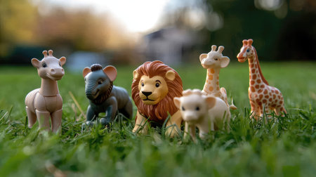 A vibrant scene displaying charming animal figurines on lush green grass, perfect for inspiring creativity and playtime adventures for children and families alike.の素材