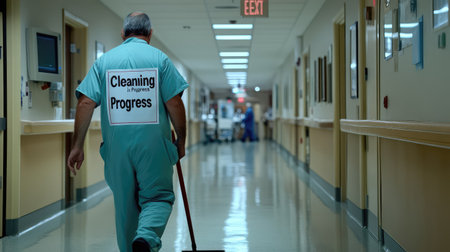 A hospital staff member in scrubs is seen walking down a well-lit corridor with a cleaning sign on their back, emphasizing the commitment to maintaining a sterile environment for patients.の素材