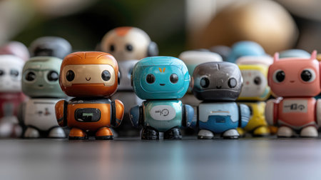 A vibrant assortment of mini robot toys stands together, each with distinct colors and expressions, making them ideal for creative projects or playful decor.の素材