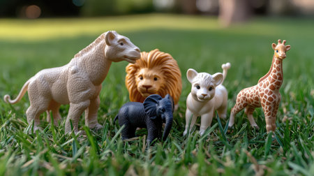 A vibrant collection of plastic animal figurines resting on lush green grass, showcasing a lion, giraffe, elephant, and playful cub, perfect for educational and recreational uses.の素材