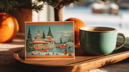 A cozy winter scene captures a vintage postcard of a snow-covered house by the lake with a warm cup of coffee, evoking feelings of nostalgia and tranquility.の素材
