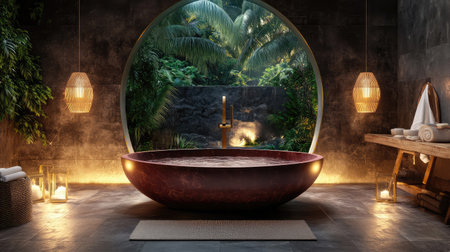 A luxurious bathroom featuring a deep bathtub surrounded by lush greenery, soft lighting, and a tranquil atmosphere, perfect for relaxation and wellness experiences.の素材