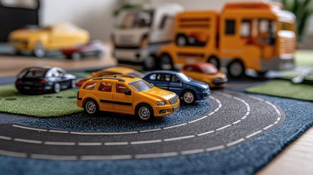 Brightly colored toy cars are parked on a textured play mat designed to resemble a miniature road, fostering creativity and imaginative play for children in an engaging environment.の素材