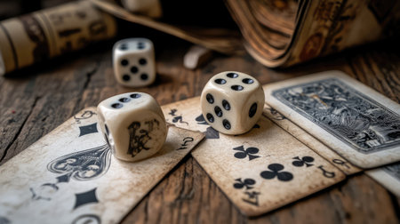 Vintage playing cards and dice displayed on a rustic wooden table. Ideal for capturing themes of gaming, chance, and leisure in a variety of visual contexts.の素材