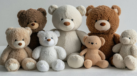A charming assortment of soft and cuddly plush bears in warm colors, perfect for nursery decor or as heartfelt gifts for children and loved ones, spreading joy and comfort.の素材