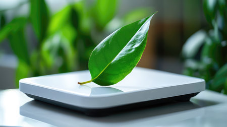 An elegant green leaf rests on a modern white scale, symbolizing eco-friendliness and harmony in wellness. Lush plants create a serene indoor atmosphere filled with tranquility.の素材