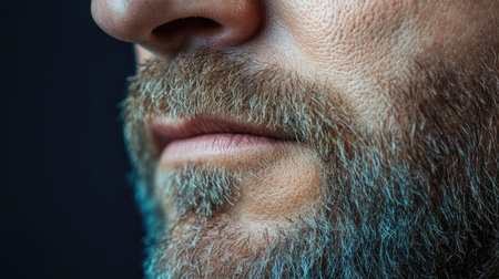 A striking close-up of a man's facial hair and skin, showcasing intricate textures and nuances in lighting that create depth and emotional engagement.の素材