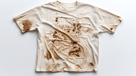 A worn white t-shirt with noticeable brown stains, ideal for depicting the realities of daily life, casual wear, and the effects of dirt on fabric. Perfect for various projects.の素材