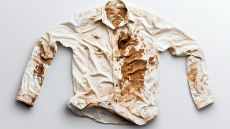A dirty white shirt with noticeable stains is displayed flat on a clean surface, showcasing the effects of hard work or messy tasks in a simple, uncluttered setting.の素材