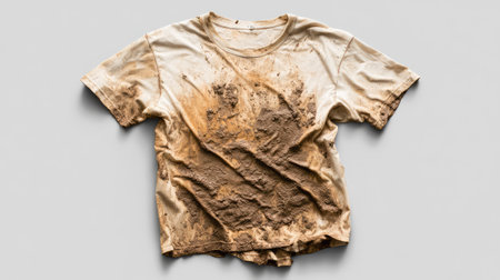 A dirty, worn t-shirt covered in mud stains sits against a plain gray background, showcasing elements of hard work and the effects of outdoor activity for various themes.の素材