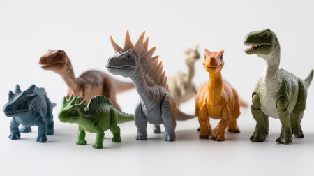 A vibrant assortment of plastic dinosaur toys perfect for educational play. These figures inspire creativity and imagination in children while adding color to any setting.の素材